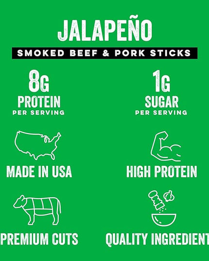 Chef’s Cut Real Snack Sticks | High Protein Meat Snack Sticks with 8g Protein, Gluten Free, Keto-Friendly| Premium Smoked Beef & Pork Blend | Jalapeño Heat | 1 oz Stick (12-Count Bag)