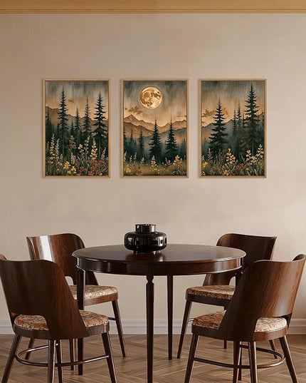 HOURIA Vintage Boho Nature Moonlight Forest Mountain Framed Canvas Wall Art Set,Wilderness Dark Moon Woodland Floral Decor,Retro Wildflower Field Landscape Artwork for Living Room,Farmhouse-16 x24 x3