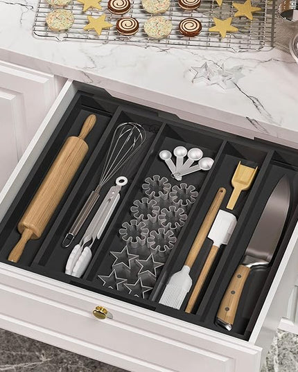 Kitchen Utensil Organizer Silverware Tray - Bamboo Flatware Organizer Expandable 5 Slots Multipurpose Silverware Organizer for Office Storage Garage Organization W13.7"-19.9" x L17.6" X H2.5" (Black)