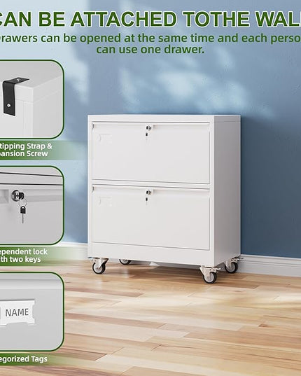 METAN Upgrade 2 Drawers Lateral File Cabinet on Wheels,Steel Office Filing Storage Cabinet with 2 Locks,White,Assembly Required
