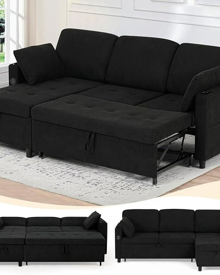 84" Sectional Pull Out Sofa Bed with Adjustable Backrests, L-Shaped Sleeper Sofa with USB Ports, Upholstered Reversible Couch with Cup Holder & Storage Space for Living Room, House, Black