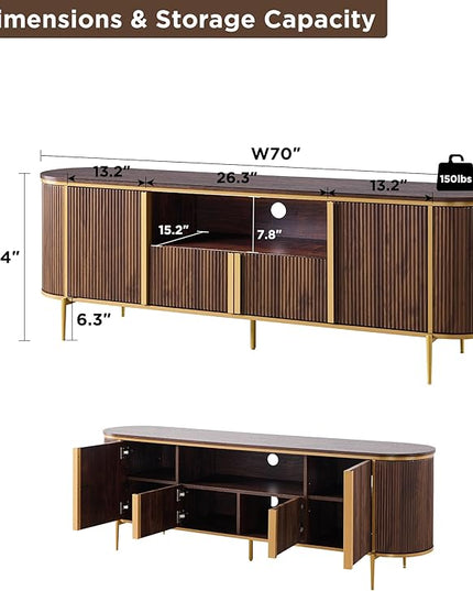 OKD Luxury 70" Fluted TV Stand, Modern Chic Entertainment Center for TVs Up to 80 inches, TV Console with Faux Marble Top, Curved Profile Design, Media Console for Living Room, (Dark Walnut)