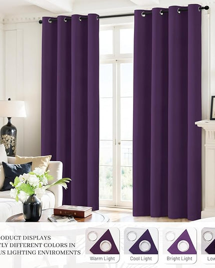Yakamok Room Darkening 100% Blackout Curtains Grommet Window Treatments with 2 Thick Layers-Purple Thermal Insulated Drapes Set of 2 Panels for Bedroom Living Room 38 Inches by 63 Inches Length