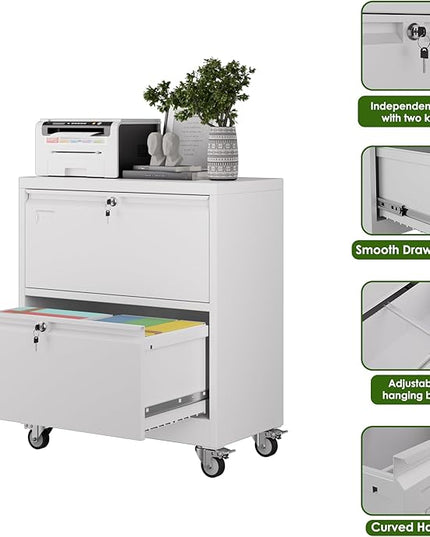 METAN Upgrade 2 Drawers Lateral File Cabinet on Wheels,Steel Office Filing Storage Cabinet with 2 Locks,White,Assembly Required