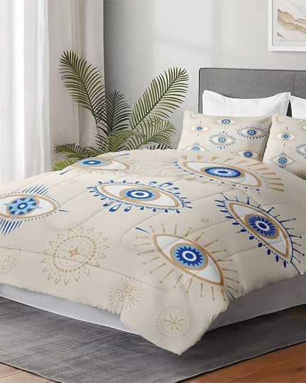 Full Size Comforter Set with 2 Pillowcases, Bohemian Eye 3 Pcs Bedding for Kids and Adults, Blue Boho Soft Comforter Set for Bedroom Bed Decor