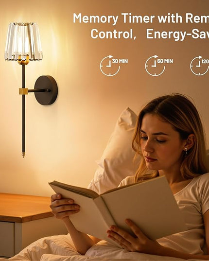 Crystal Battery Operated Wall Sconces Set of 2, Black and Gold Rechargeable Wireless Wall Lights with Crystal Lampshade, 12 RGB and 3CCT Dimmable Wall Lamps with Remote for Bedroom Living Room Hallway
