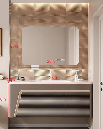 28IN Modern Bathroom Vanity - Floating Bathroom Vanity with Sink with Rounded Corner Smart Mirror Cabinet & Smart Defogging | Wave Panel Design & Large Storage Space