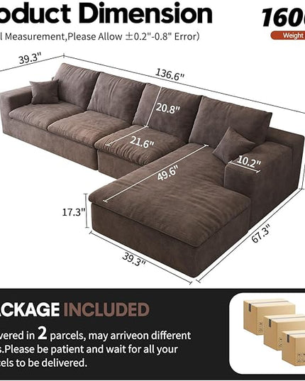 136.6'' L-Shaped Modern Modular Sectional Cloud Couch, 4-Seat Chenille Deep-Seat Sofa with Pillow for Living Room, Bedroom, Apartment, Camel