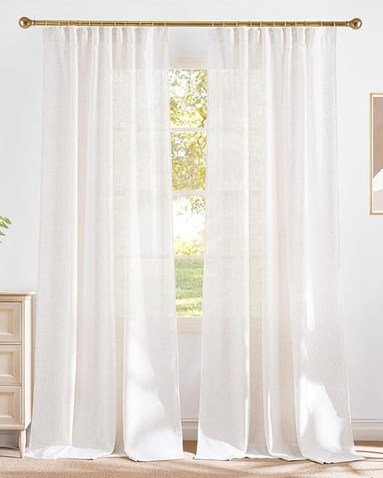 NICETOWN 230GSM Linen Blend Light Filtering 90 inch Curtains, Back Tab & Rod Pocket with Pleat Tab Privacy Semi Sheer Window Treatments for Living Room/Bedroom, W52 x L90, 2 Panels