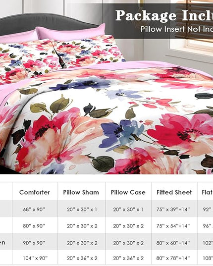 Comforter Set King Size, Flower Floral Leaf 7 Pcs Bedding for Kids and Adults, Painting Summer Spring Bed Sheet Sets with Fitted Sheet 2 Pillowcases & 2 Shams for Bedroom Bed Decor