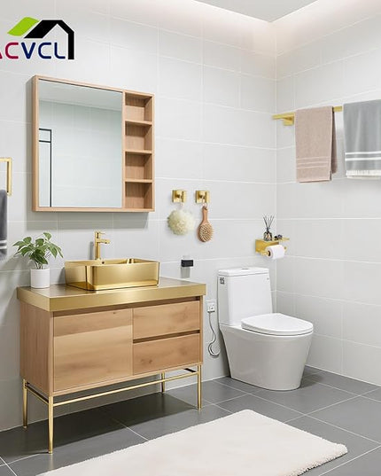 YACVCL 5-Pieces Brushed Gold Bathroom Hardware Accessories Set Stainless Steel Bathroom Towel Bar Set Towel Holder Set for Bathroom,Upgraded Toilet Paper Holder with Shelf,Wall Mounted 23.6"