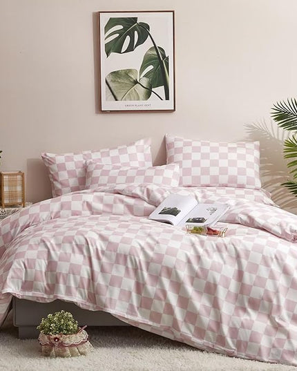Houseri Pink White Plaid Comforter Set Cal King Light Pink Buffalo Checkered Bedding Comforter California King Baby Pink Checkerboard Bedding Sets Women Elegant Pale Pink Grid Bed Comforters Cal King