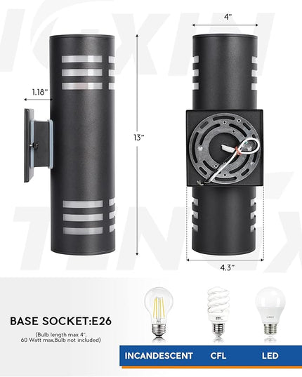 TENGXIN Outdoor Exterior Wall Light,Up and Down Cylinder Modern Porch Light,Stainless Steel 304 and Toughened Glass,Black Finished,E27,UL Listed