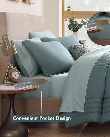 Monbix Queen Comforter Set - 7 Pieces Blue Green Bed in a Bag Queen Bedding Sets with Comforters, All Seasons Comforter Bed Set with Sheets,Pillowcases & Shams