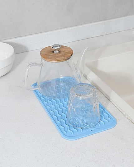 Silicone Dish Drying Mat for Multiple Usage,Easy clean,Eco-friendly,Heat-resistant Silicone Mat for Kitchen Counter or Sink,Refrigerator or Drawer Liner Light Blue S 12 inches x 6 inches