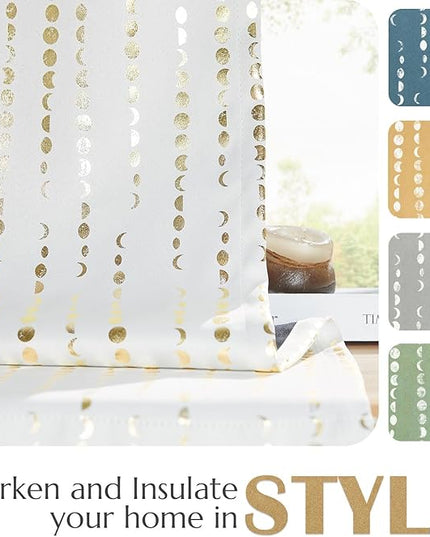 jinchan Boho Curtains 95% Blackout Moon Phases Printed Christmas Curtains Bedroom 108 Inch Length 2 Xmas Panels Festive Holiday Golden on White Drapes Rod Pocket Back Tab for Nursery Window Treatment
