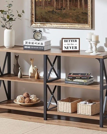IBF Rustic Console Table, Industrial Wood and Metal Sofa Table, Hallway Entry Table for Home Living Room, Barnwood Foyer Accent Entryway Table with Retro Vintage Storage Shelf, Rustic Oak, 55 Inch