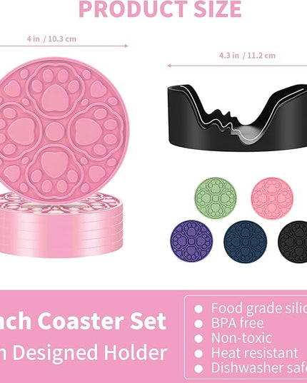 Pink Silicone Coasters Set of 6 with Holder, 4 Inches Coaster for Bar, Drinks, Beer, Coffee - Non Slip Decorative Cup Mat for Tabletop, Desk Decor - Dishwasher Safe