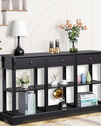 Karl home Console Table with 3 Drawers, 58" W Entryway Desk Sofa Side Table with 6 Bottom Cube Storage Shelves, Vintage TV Stand for Hallway Living Room Office, Black 32.5" H