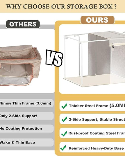 combocube 3-Side Zippered Openings Clothes Storage Bins with Thick Metal Frame, Stackable & Foldable Clothing Storage Bins with Lid, Linen Fabric Closet Storage Box with Large Clear Window, 3 Pack