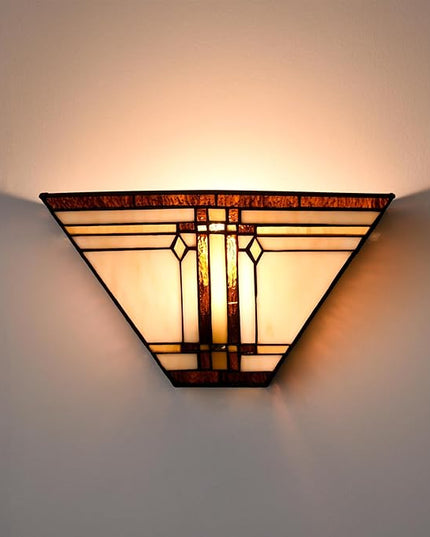 Tiffany Style Wall Sconce Lamp 12-Inch Stained Glass Sconces Wall Lighting Vintage Brown Stained Glass Wall Light Fixtures for Hallway Corridor Bedroom Living Room