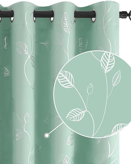 BUHUA Wave Silver Leaf Print Blackout Curtains for Living Room Darkening Curtains Light Blocking Curtains for Bedroom 52W×72L Aqua 2 Panels