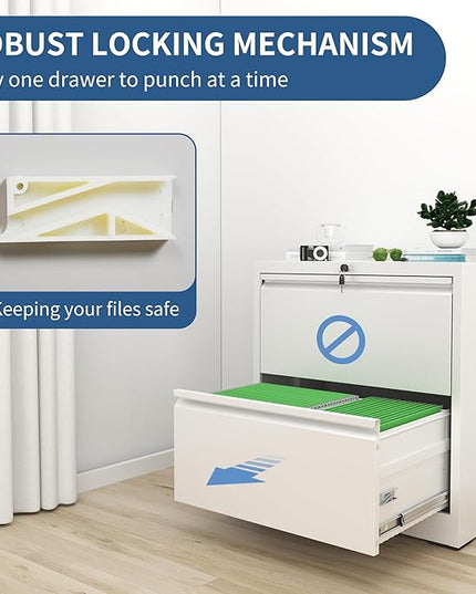 2 Drawer File Cabinet with Lock, White Metal Lateral Filing Cabinets for Home Office, Heavy Duty Steel Horizontal Locking Storage Cabinet for Legal/Letter/A4 Size File, Assembly Required