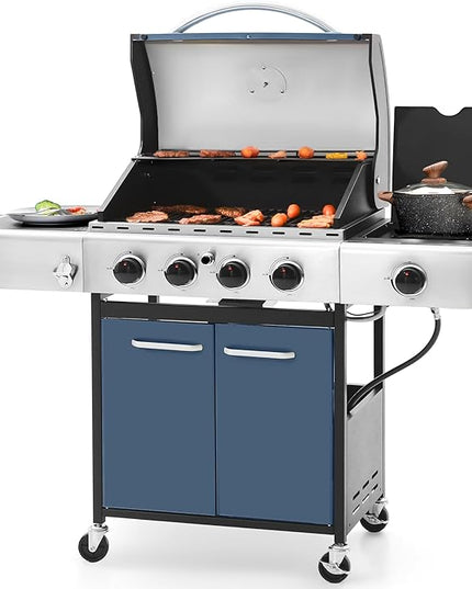 Sophia & William 4-Burner Gas BBQ Grill with Side Burner and Porcelain-Enameled Cast Iron Grates, 42,000BTU Propane Grills Outdoor Cooking Barbecue Cabinet Style, Blue