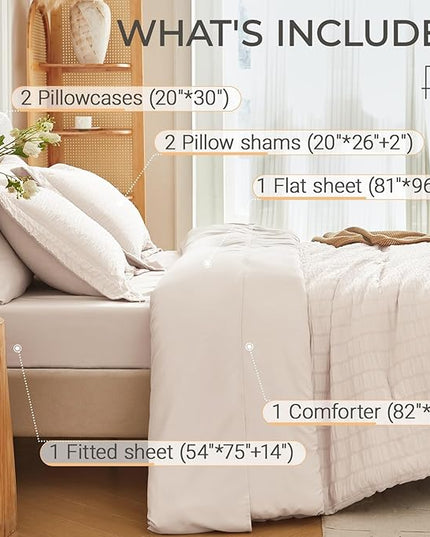 MUXHOMO 7 Pieces Full Comforter Set, Seersucker Bed in a Bag Full Size, All Season Luxury Bedding Set with Comforter, Flat Sheet, Fitted Sheet, Pillowcases & Shams, Beige