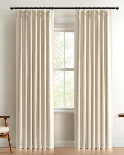 100% Blackout Shield Linen Look Textured Pinch Pleated Curtains Blackout Drapes 90 Inch Long 2 Panels Set, Faux Linen Blackout Curtains for Bedroom & Living Room, 40" W x 90" L, Cream
