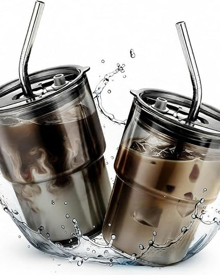 2 Packs Glass Tumbler with Lid and Straw 13 oz Cute Ice Coffee Cup Set Bulk Vasos de Vidrio Con Tazas Para Cafe Cocina Accesorios Home Bar Accessories New House Warming Gift Kitchen Stuff