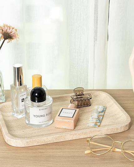 Marble Vanity Tray, Bathroom Tray Countertop, Decorative Dresser Organizer, Perfume, Jewelry Holder, Beige Stone Serving for Kitchen Sink Storage(MOCA Cream)