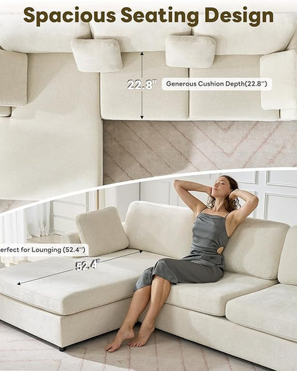 Tbfit L Shaped Couch, Oversized 108" Modular Sectional Sofa with Convertible Chaise, Comfy 4 Pillows Sofa for Living Room, Beige