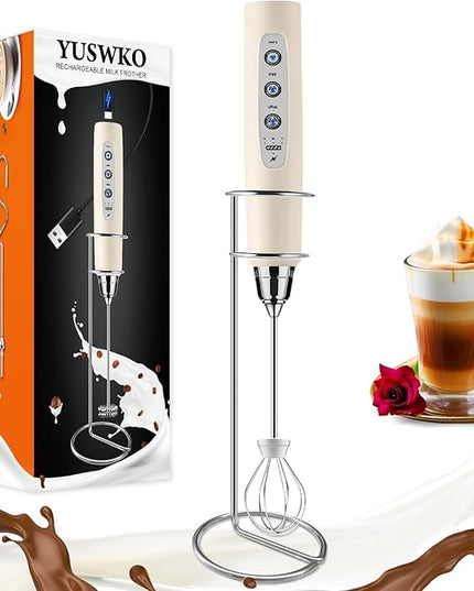 YUSWKO Beige Handheld Milk Frother Wand with Stand for Coffee, Rechargeable Electric Whisk with 3 Heads 3 Speeds Drink Mixer Coffee Frother For Latte, Cappuccino, Hot Chocolate, Egg