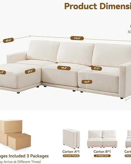 110.6" L Shaped Modular Sectional Sofa Modern Chenille Comfy Couch with Thickened Seat Cushions, Easy Assembly, Upholstered 4 Seater Couch with Movable Ottoman for Living Room, White