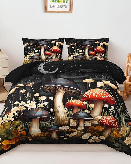 AILONEN Red and Black Mushroom Bedding Twin Size,Cartoon Mushroom Boho Comforter Set,Plant Fungus Flower Starry Moon Comforter with 2 Pillowcases for Boys Girls Kids,3 Pieces