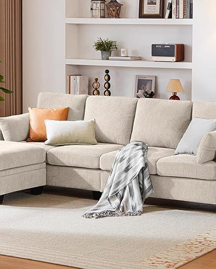 CHIC HOUSE Corduroy Modular Sectional Couch with Ottoman Chaise, L/U Shaped Sleeper Sofa for Living Room, Apartment, Lounge, Modern Armrest Neck Support Furniture (5 Seater Sectional, Beige)