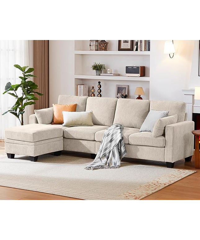 CHIC HOUSE Corduroy Modular Sectional Couch with Ottoman Chaise, L/U Shaped Sleeper Sofa for Living Room, Apartment, Lounge, Modern Armrest Neck Support Furniture (5 Seater Sectional, Beige)