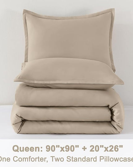 Litanika Khaki Comforter Set Queen Size, 3 Pieces Solid Bedding Comforter Set, All Season Down Alternative Bed Set (90x90In Comforter & 2 Pillowcases)