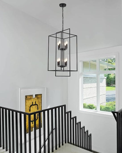 Black Farmhouse Chandelier, Extra Large Tiered Lantern Pendant Light 15.75" Entryway Light Fixture, Industrial Staircase Chandelier for Foyer Entryway Hallway, Lacquered Black(8 Lights)