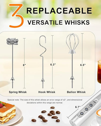 YUSWKO Rechargeable Milk Frother Handheld with 3 Heads, Silver Coffee Electric Whisk Drink Foam Mixer, Mini Hand Stirrer with 3 Speeds Adjustable for Latte, Cappuccino, Hot Chocolate, Egg