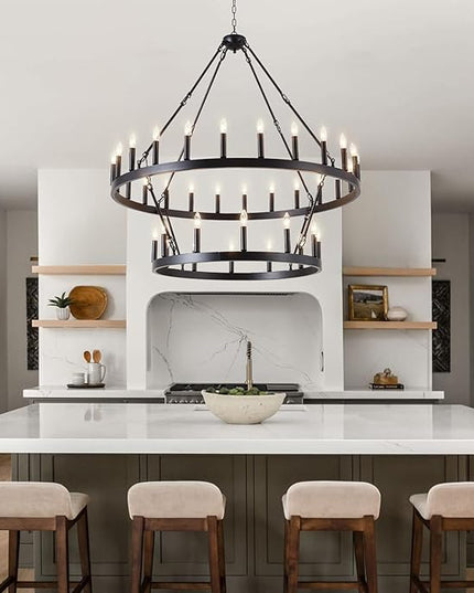 Black Wagon Wheel Chandelier 2 Tier 36-Light, 48-Inch Large Farmhouse Industrial Chandelier Round Rustic Pendant Light Fixture for High Ceilings Foyer, Entryway, Dining Room, E12
