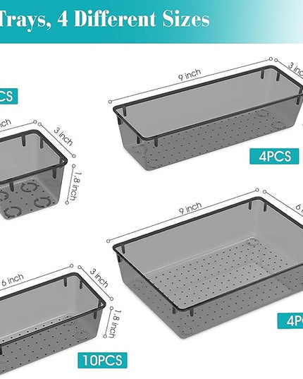 28 PCS Clear Plastic Drawer Organizers Set, 4 Size Desk Drawer Organizer Trays for Makeup, Jewelry, Kitchen Utensils, Gadgets and Office Accessories, Black