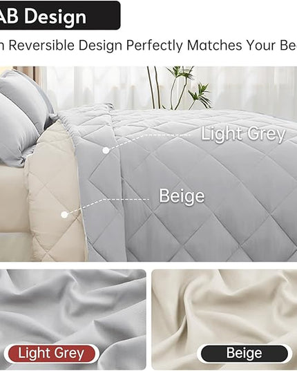 MUXHOMO 7 Pieces Queen Comforter Set, Reversible Bed in a Bag Queen Size, All Season Bedding Set with Comforter, Flat Sheet, Fitted Sheet, Pillowcases & Shams, Light Grey & Beige