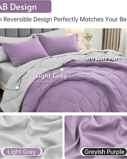 MUXHOMO 7 Pieces California King Comforter Set, Reversible Bed in a Bag Cal King Size, All Season Bedding Set with Comforter, Flat Sheet, Fitted Sheet, Pillowcases & Shams, Greyish Purple & Light Grey