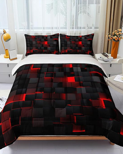 Geometric Red Black Comforter Set,Light Honeycomb 3 Piece Bedding Set Twin for Teen Boys,Modern Bedding Quilt Set Geometry Decor,Microfiber Lightweight 1 Comforter 2 Pillowcases All Season