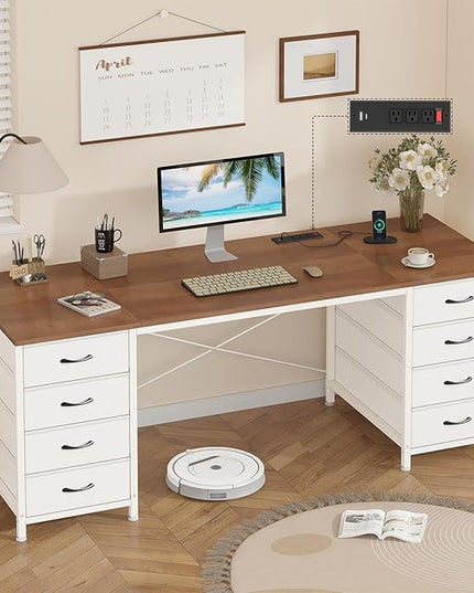 60 Inch Computer Desk with 8 Drawers, Home Office Desk with Power Outlets, Work Study Gaming Desk with 8 Fabric Drawers, Brown and White