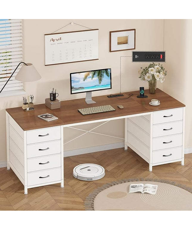 60 Inch Computer Desk with 8 Drawers, Home Office Desk with Power Outlets, Work Study Gaming Desk with 8 Fabric Drawers, Brown and White