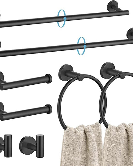 TURS Matte Black 8 Pieces Bathroom Hardware Set, SUS304 Stainless Steel 24 Inch and 20 Inch Bath Towel Bar Set, Round Bathroom Accessories Kit Wall Mounted Towel Holder