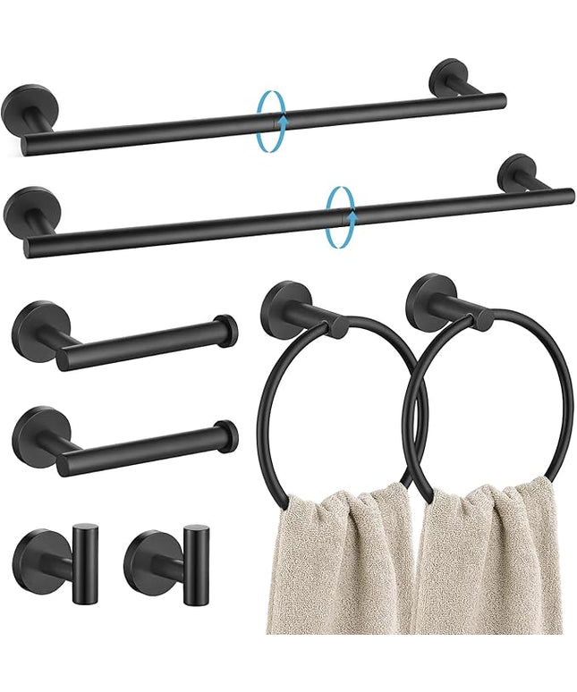 TURS Matte Black 8 Pieces Bathroom Hardware Set, SUS304 Stainless Steel 24 Inch and 20 Inch Bath Towel Bar Set, Round Bathroom Accessories Kit Wall Mounted Towel Holder